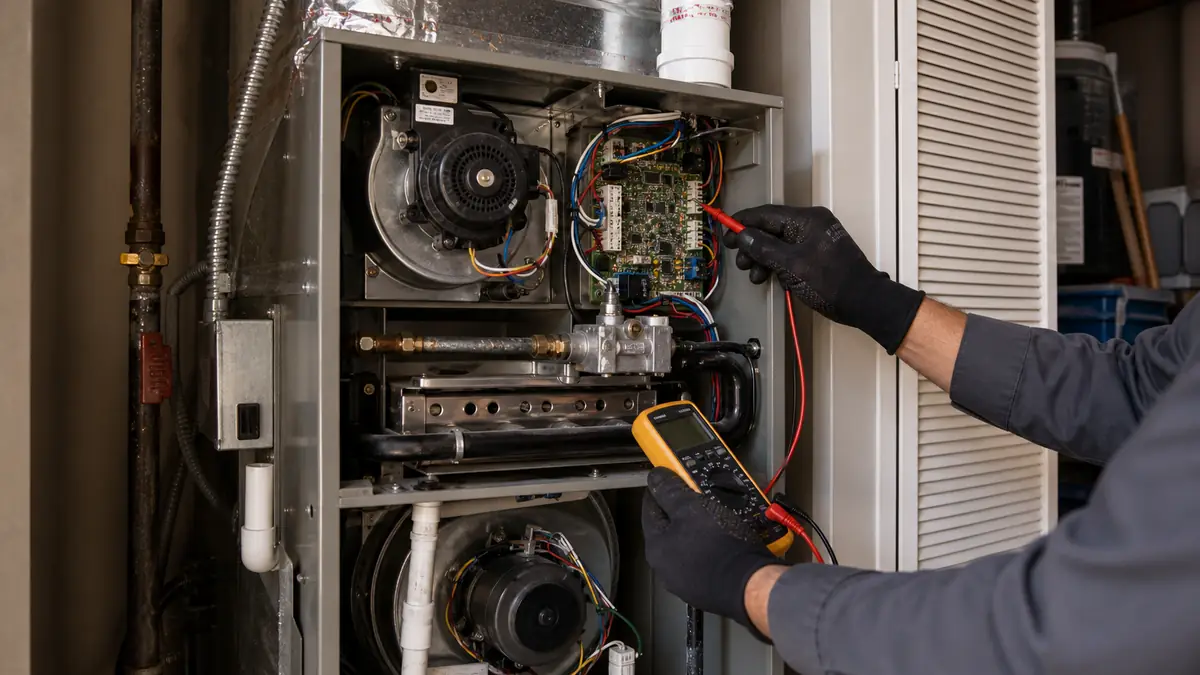 Trane S-series gas furnace control board during a flash-code diagnosis in Glendale