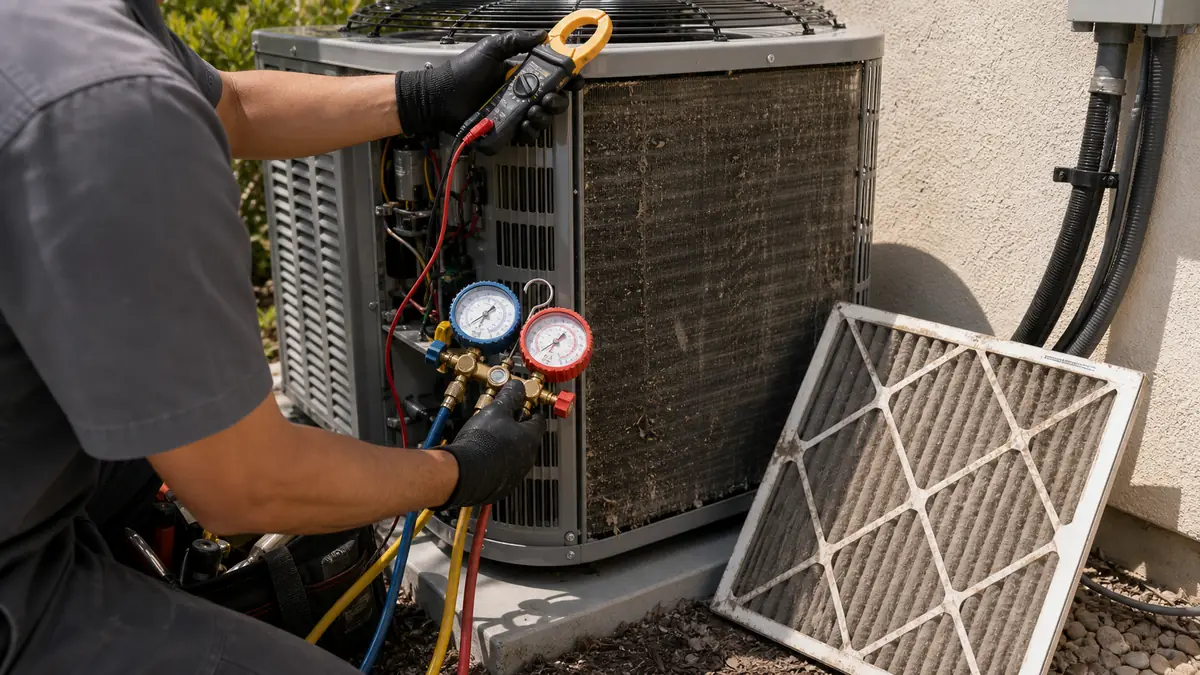 Gauges reading Trane system charge during a high-bill diagnosis in Glendale