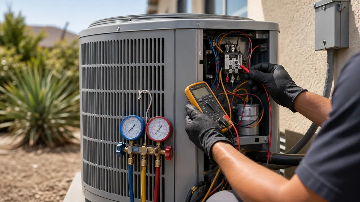 Technician testing a Trane condenser capacitor during an AC repair in Glendale